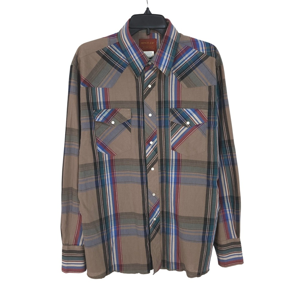 Rustler‎ X-Long Tails Western Pearl Snap Shirt Mens XL Plaid Long Sleeve Cowboy